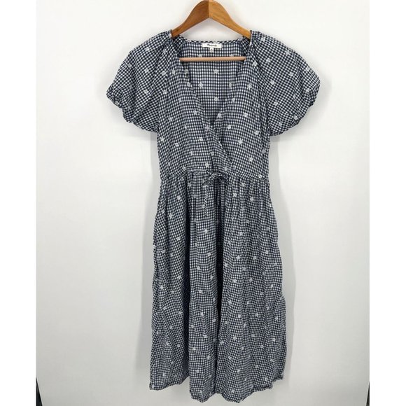 Madewell Dresses & Skirts - Madewell Embroidered Gingham Faux-Wrap Tie-Waist Midi Dress Size XS
